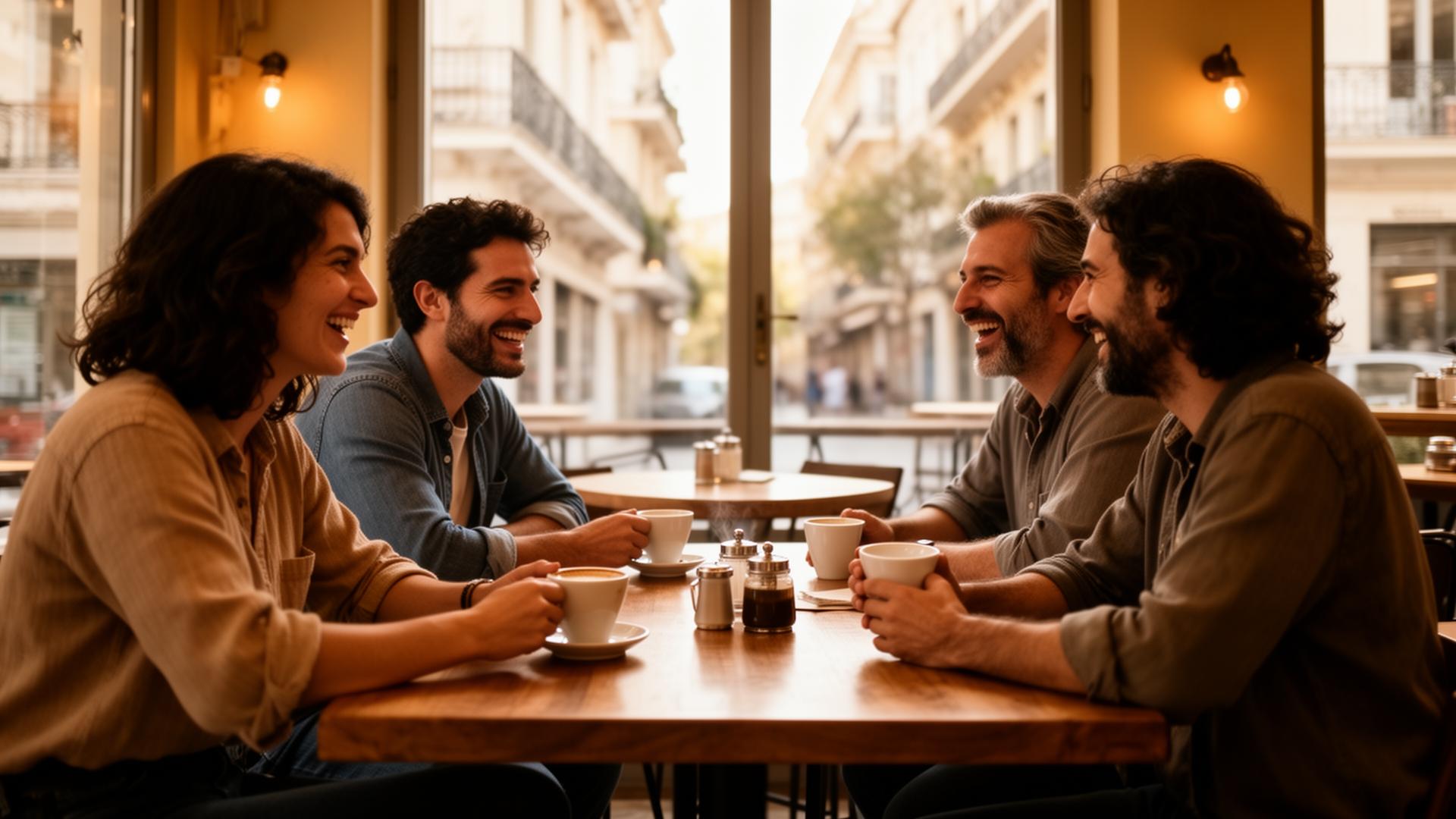Entrepreneurs and freelancers around a wooden café table, with cappuccinos and notebooks, in a relaxed morning conversation.